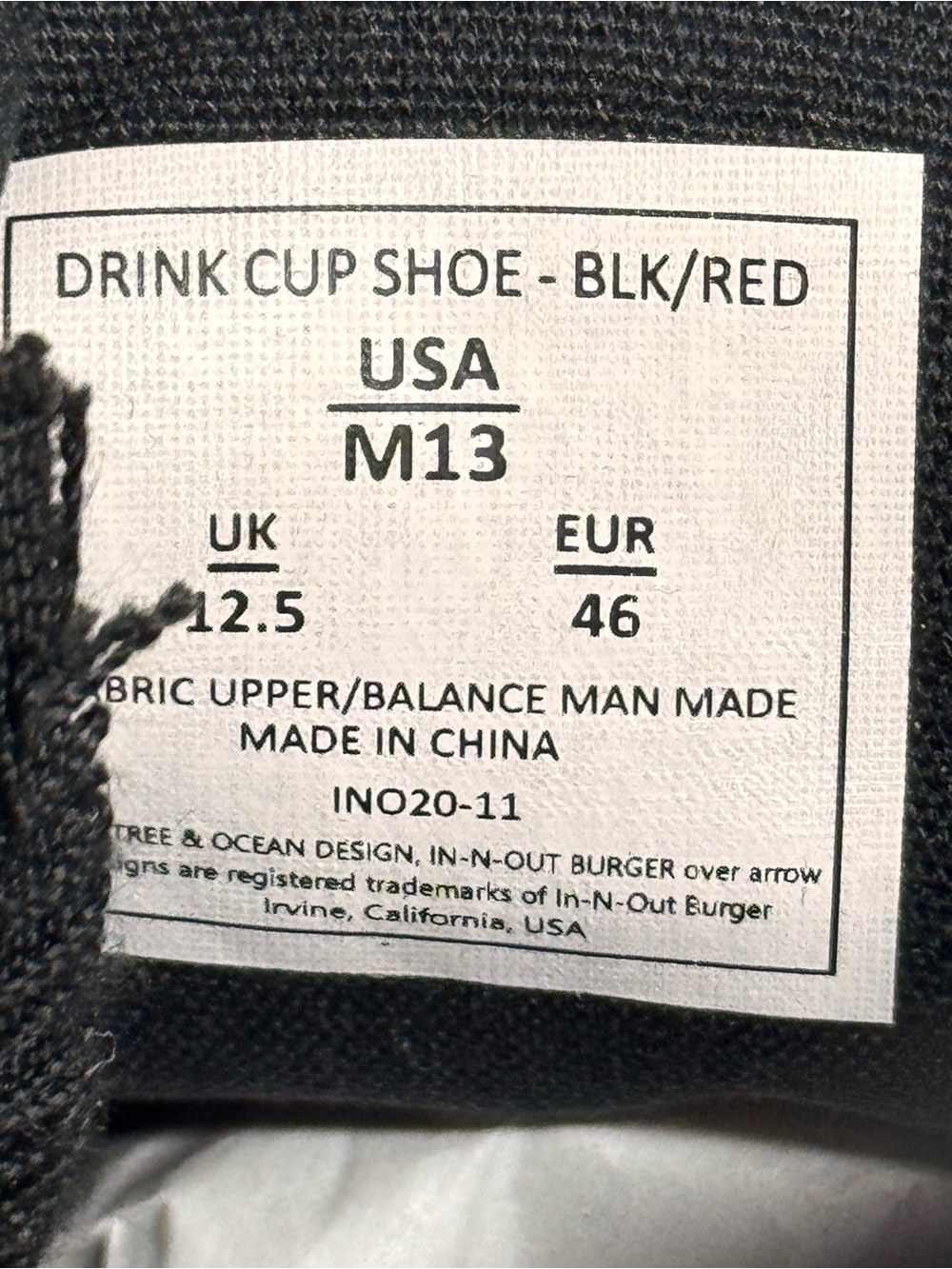 Limited Edition In-N-Out Burger Canvas Black Drink Cup Shoes NEW Size 13 Mens - Picture 8 of 8
